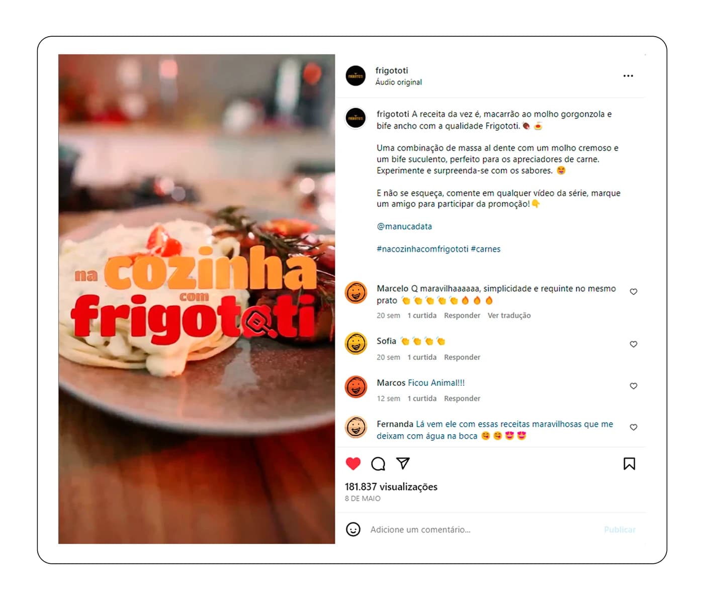 Publicação da receita de macarrão ao molho gorgonzola
