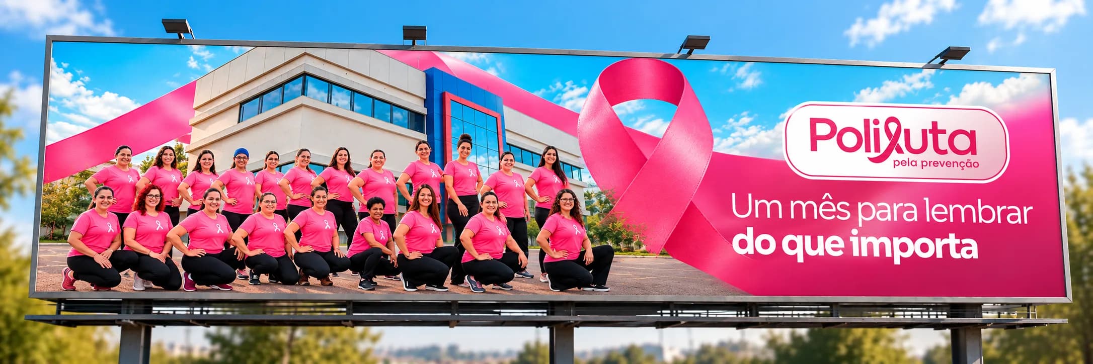 Outdoor da campanha Polijuta pela Prevenção com a equipe de camiseta rosa