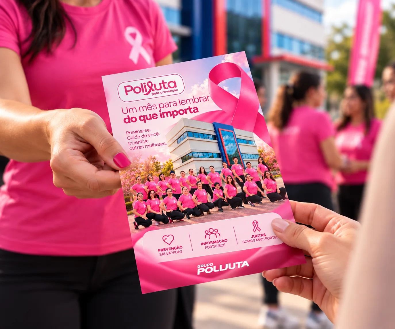 Folheto Rosa pela Prevenção sendo entregue