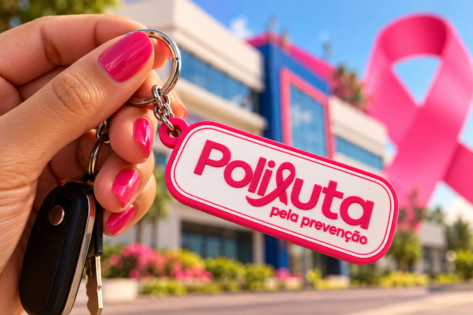 Chaveiro Polijuta pela Prevenção em frente à sede