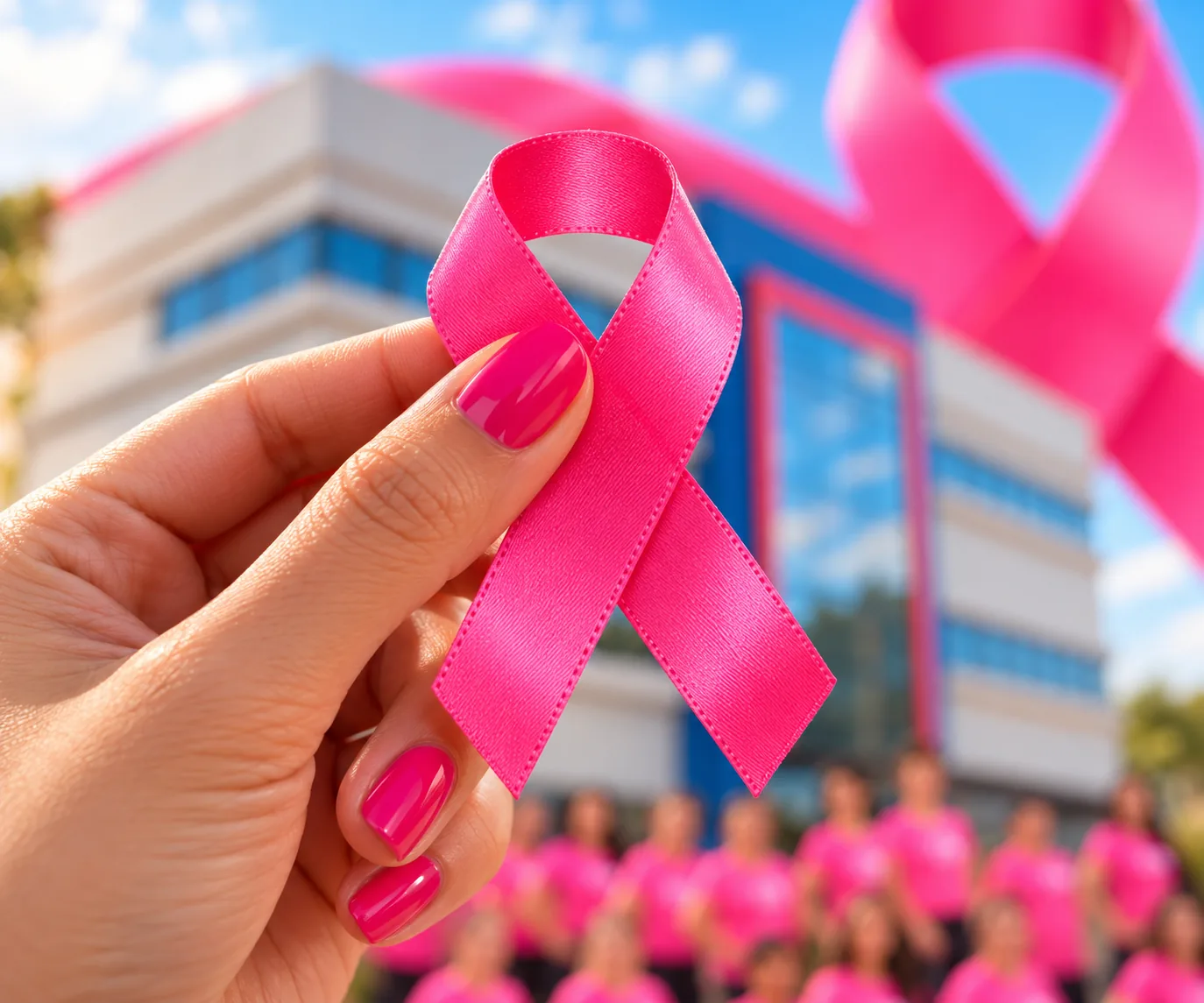 Laço rosa em destaque diante da equipe